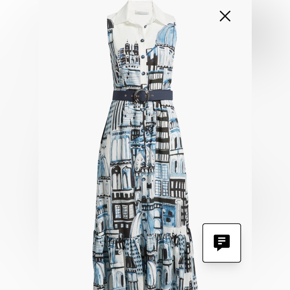 NewElie Tahari Sleeveless White Maxi Dress with Blue Black Cityscape Print size8 - Picture 14 of 16